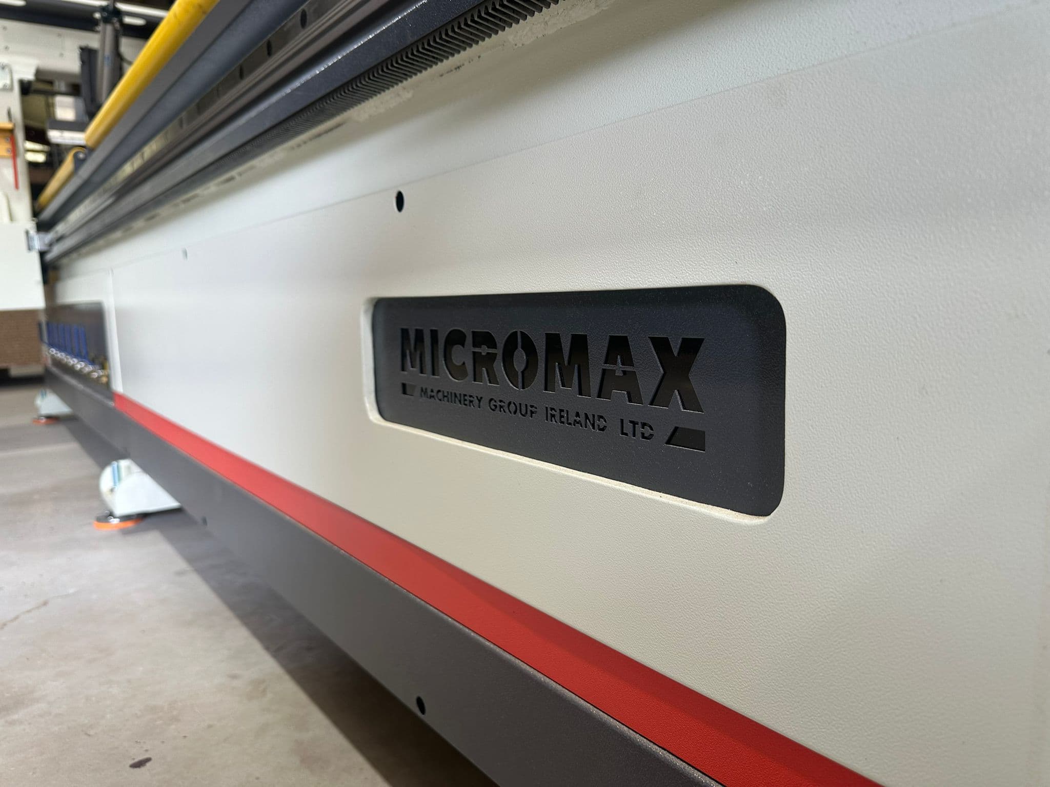 Micromax nameplate close-up Close-up of the Micromax Machinery Group Ireland Ltd nameplate on a 2030 L ATC CNC router